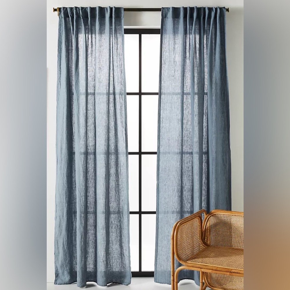 Anthropologie Stitched Linen Curtain Blue 50 x 96” Single panel